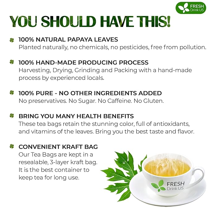 FreshDrinkUS, Premium 25 Papaya Leaf Tea Bags, 100% Natural & Pure from Papaya Leaves. Loose Leaf Herbal Tea. Made with Natural Material Tea Bags. No Sugar, No Caffeine, No Gluten, Vegan.
