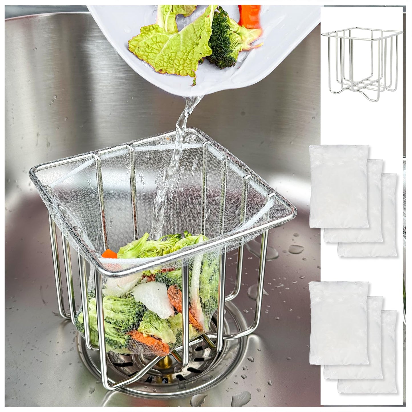 Kitchen Sink Strainer with Sink Basket Holder and 300 Strainer Net Bags,Food Catcher with drain filter Mesh bag,Meshmate Waste Rack Trash Catcher for Leftovers.