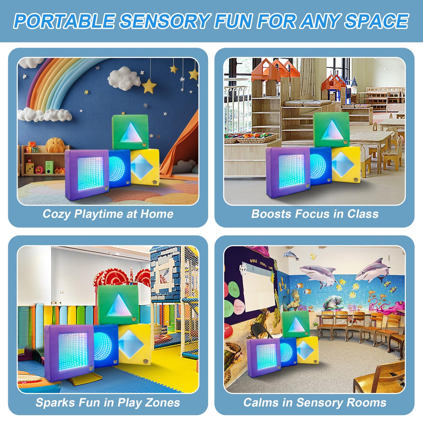 Sensolio Soft Padded Sensory Infinity Mirror Set 4-in-1 – Interactive Rhombus, Triangle, Square & Round Mirrors with Multiple Lighting Modes for Sensory Rooms and Therapy Rooms