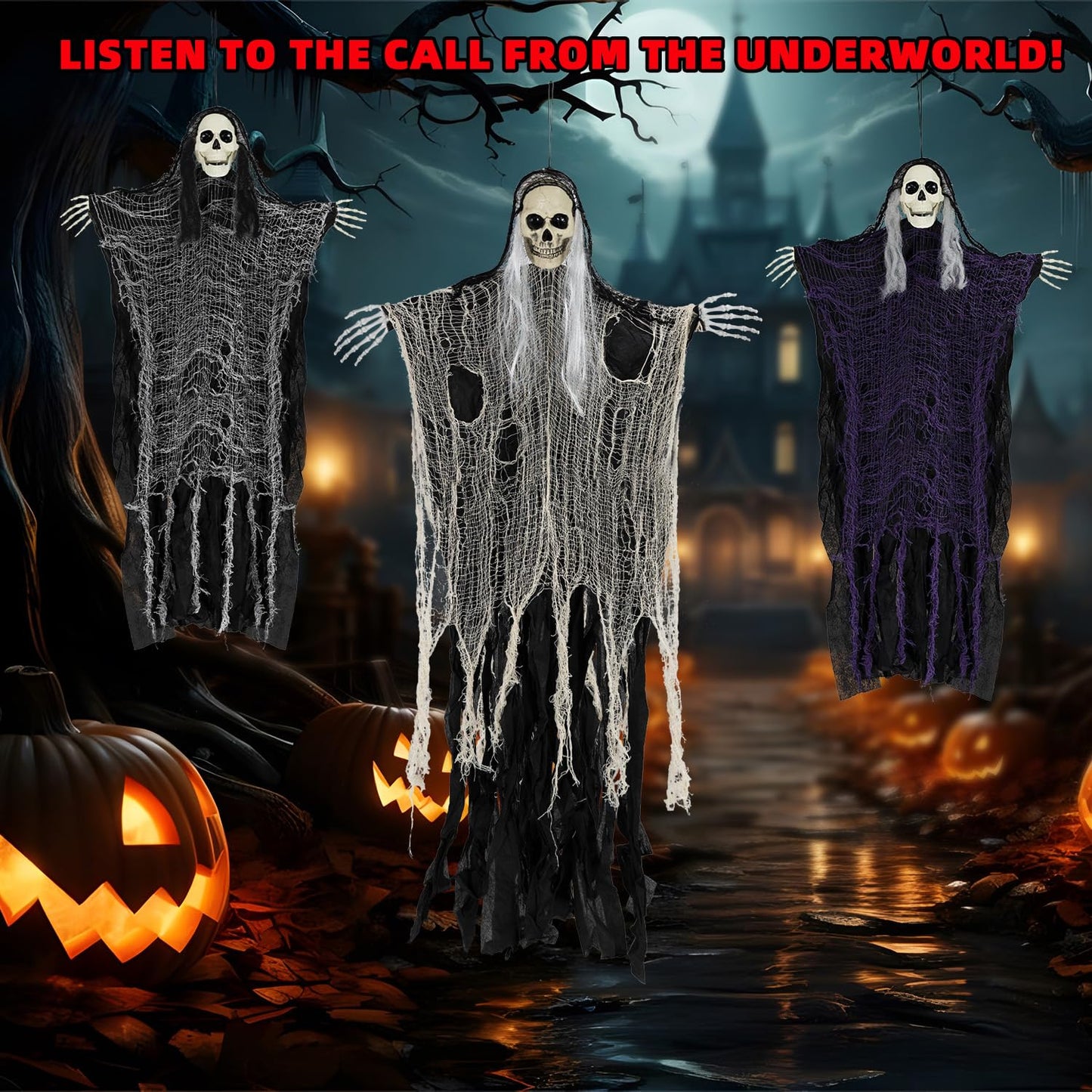 Kendane Halloween Decorations Outdoor and Indoor,3PCS Scary Hanging Ghosts,Halloween Grim Reaper Skeleton,Scary Party Decorations for Yard,Haunted House Decor
