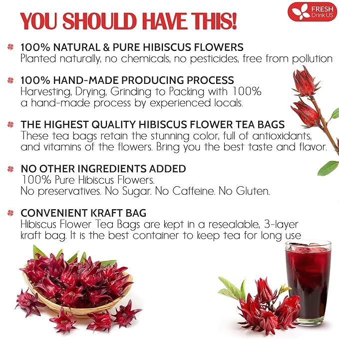 FreshDrinkUS, Premium 60 Hibiscus Flowers Tea Bags, 100% Natural & Pure, Loose Flower Herbal Tea. No Sugar, No Caffeine, No Gluten, Vegan. Great To Drink Hot Or Ice Tea