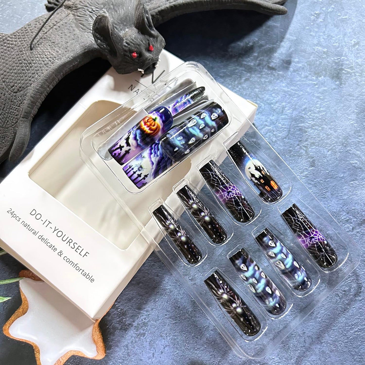 Halloween Press on Nails Long Ballet Shaped Bat Spider Web False Nails Full Cover Artificial Acrylic Fingernails Ghost Pumpkin Design Halloween Nail Glossy Festivla Glue on Nails for Women Supplies