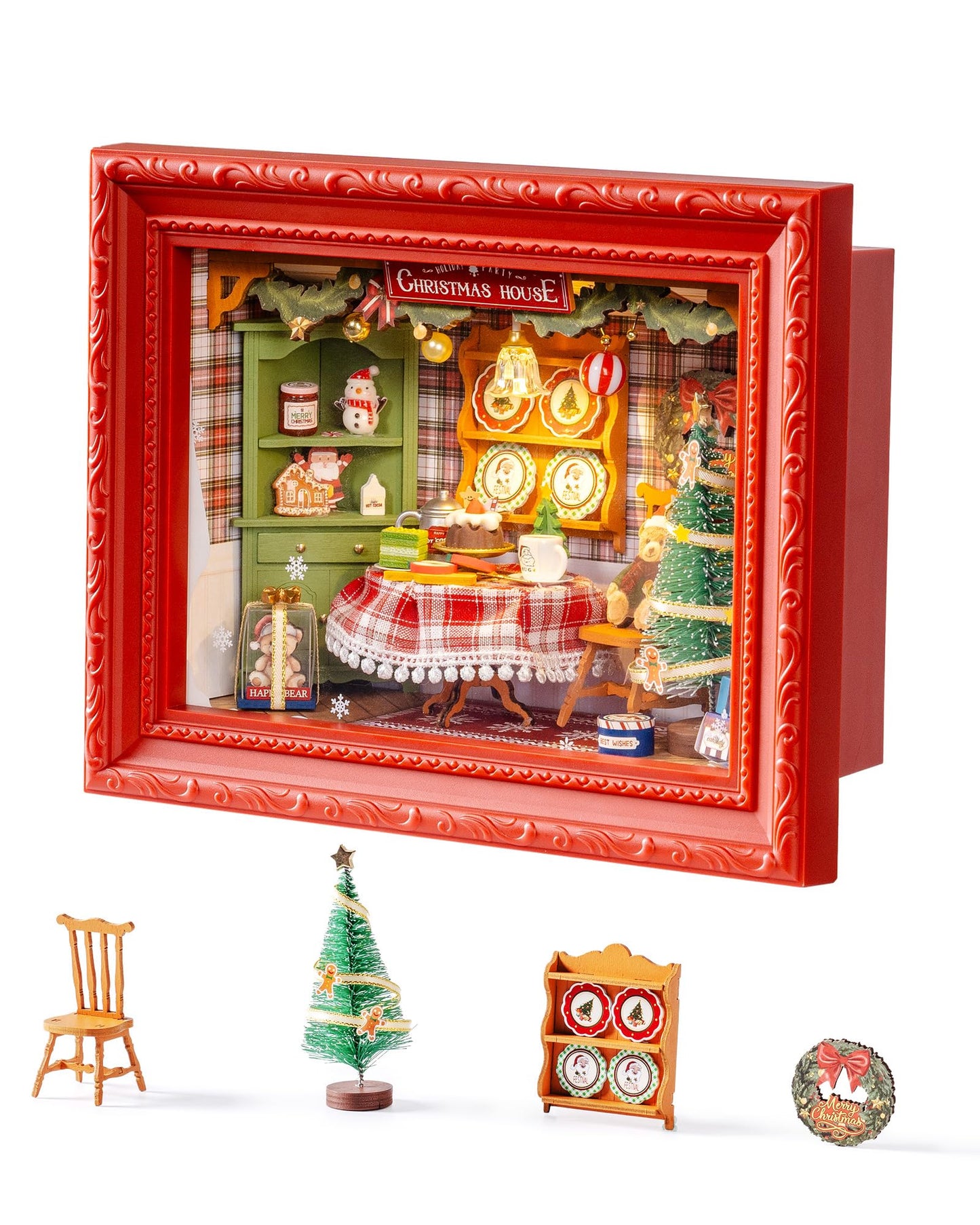 ROBOTIME Christmas Eve Party Photo Frame DIY Miniature House Kit, 3D Wooden Puzzle Building Kit for Adults, Tiny Dollhouse Model, Creative Holiday Decor & Gift for Family and Friends