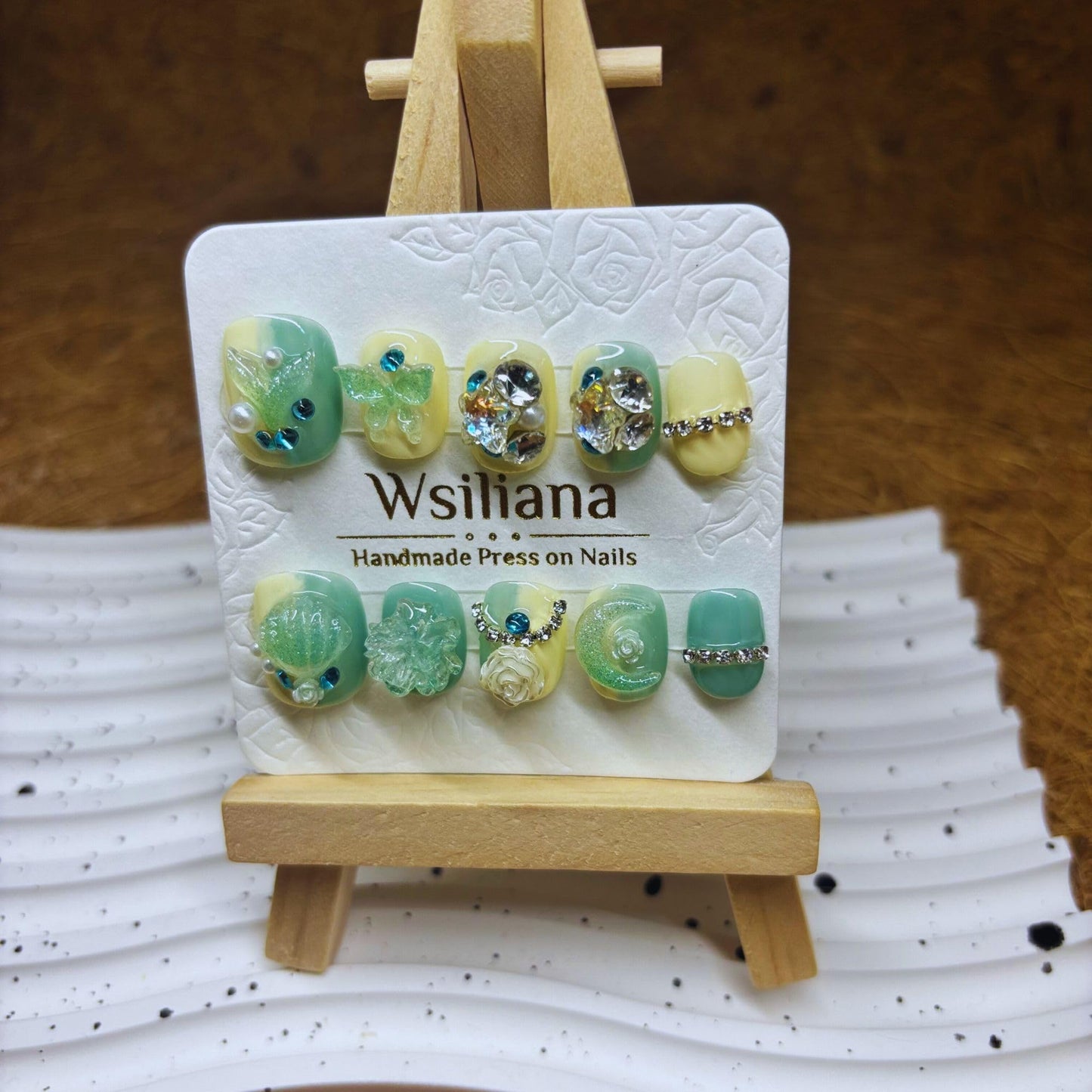 Wsiliana Handmade Fake Nails Press On Nails Medium Short Coffin Pink Tip 3D Design Art Charms Cute with Storage Box 10 Pcs (033, M)