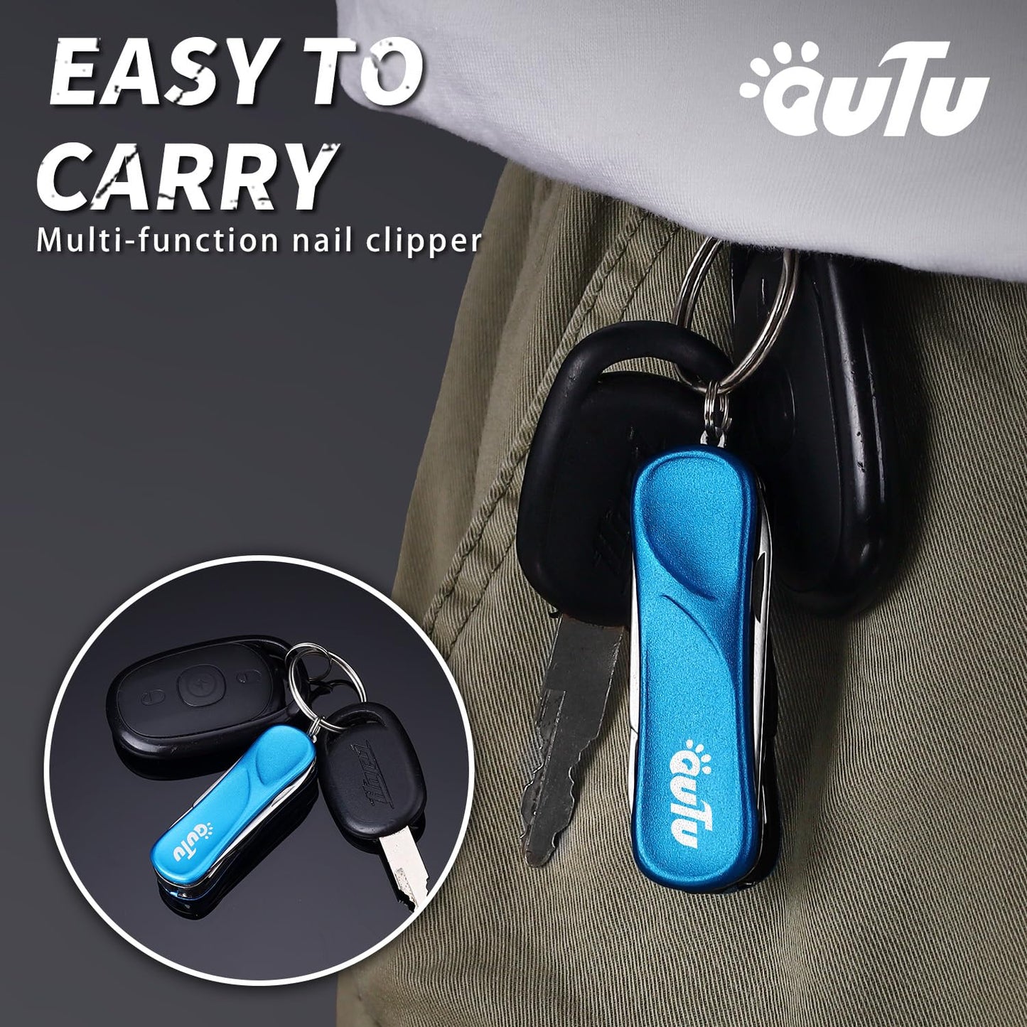 OUTU Keychain Nail Clippers Multitool, 7 in 1 EDC Utility Tool with Nail Clipper, Scissors, Manicure Sets Gifts for Him Men Husband Dad Boyfriend (Blue)
