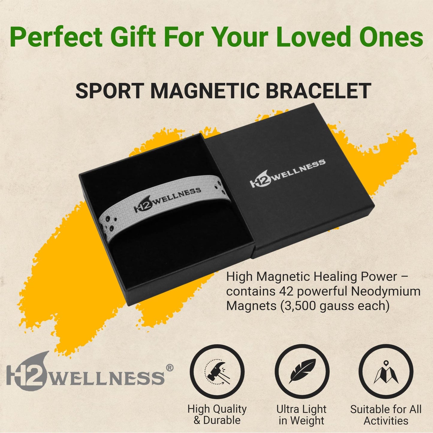 H2WELLNESS Magnetic Therapy Bracelet Super Ultra Strength Waterproof Breathable Comfortable Adjustable Infused with Titanium and Copper Sport Band (Gray)