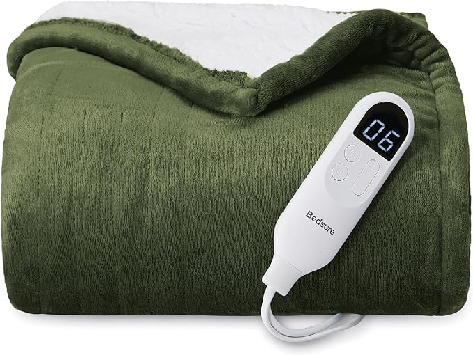 Bedsure Heated Blanket Electric Throw - Soft Flannel Electric Blanket, Heated Throw with 4 Time Settings & 6 Heat Settings, Warm Gift for Grandma (50x60 inches, Olive Green)