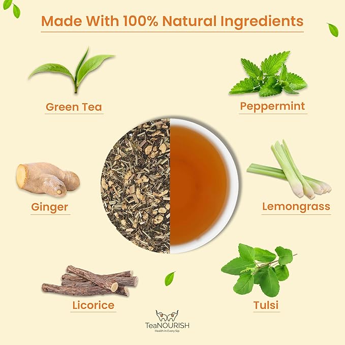TeaNOURISH Ginger Tulsi Green Tea | Darjeeling Loose Leaf | Indian Superfoods Ginger, Tulsi & Licorice | Relieves Stress & Aids Digestion | Brew Hot or Iced Tea - 3.53oz/100g