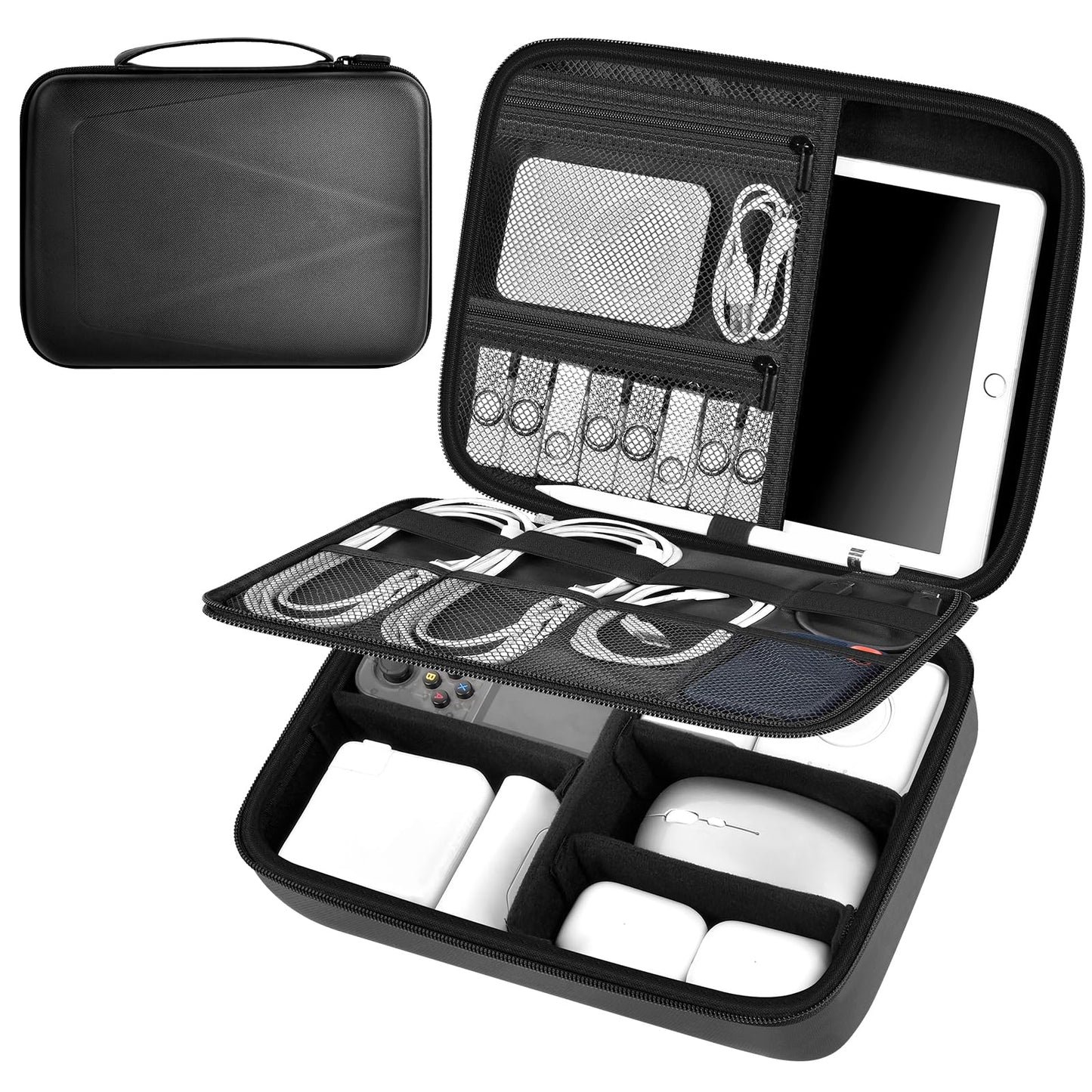 Comecase Electronics Organizer Travel Case for MacBook Pro/Air Power Adapter, Double Layer Tech Bag with 5 Dividers for iPad Mini/Air (up to 11"), Cables, Magic Mouse, Power Bank & SSD - Black