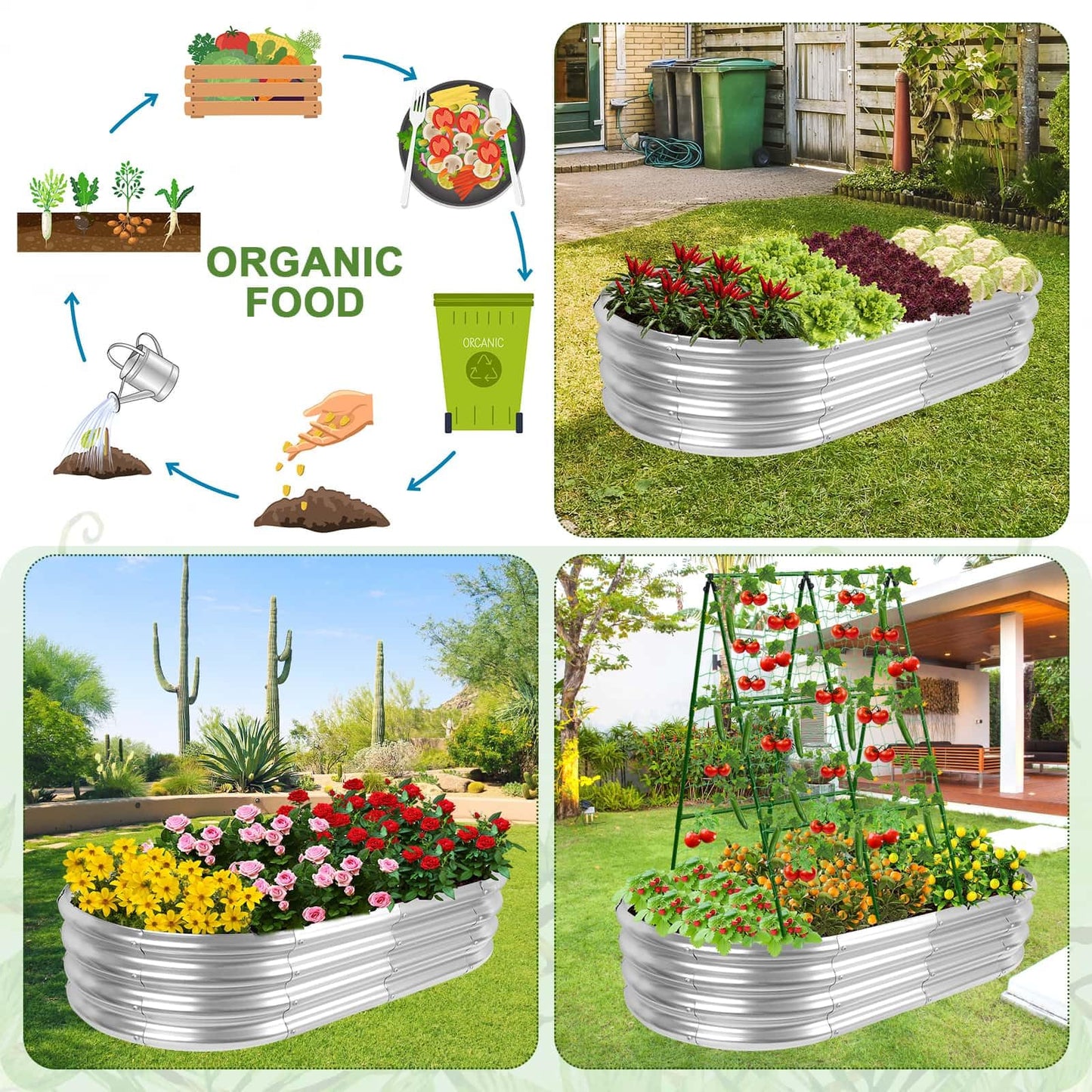 Galvanized Raised Bed with Cucumber Trellis, Garden Arch Trellis Outdoor Reusable A-Frame Metal Trellis with Trellis Net for Pea Vegetable Bean Grape Vines Flowers Climbing Plants Stand Support