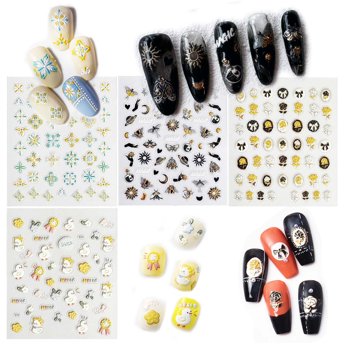 4-Sheet 3D Nail Art Stickers Set – Cute Ducks, Bohemian Patterns, Celestial Magic & Elegant Camellias – 160-200 Pre-Cut Self-Adhesive Nail Decals for DIY & Salon Manicures