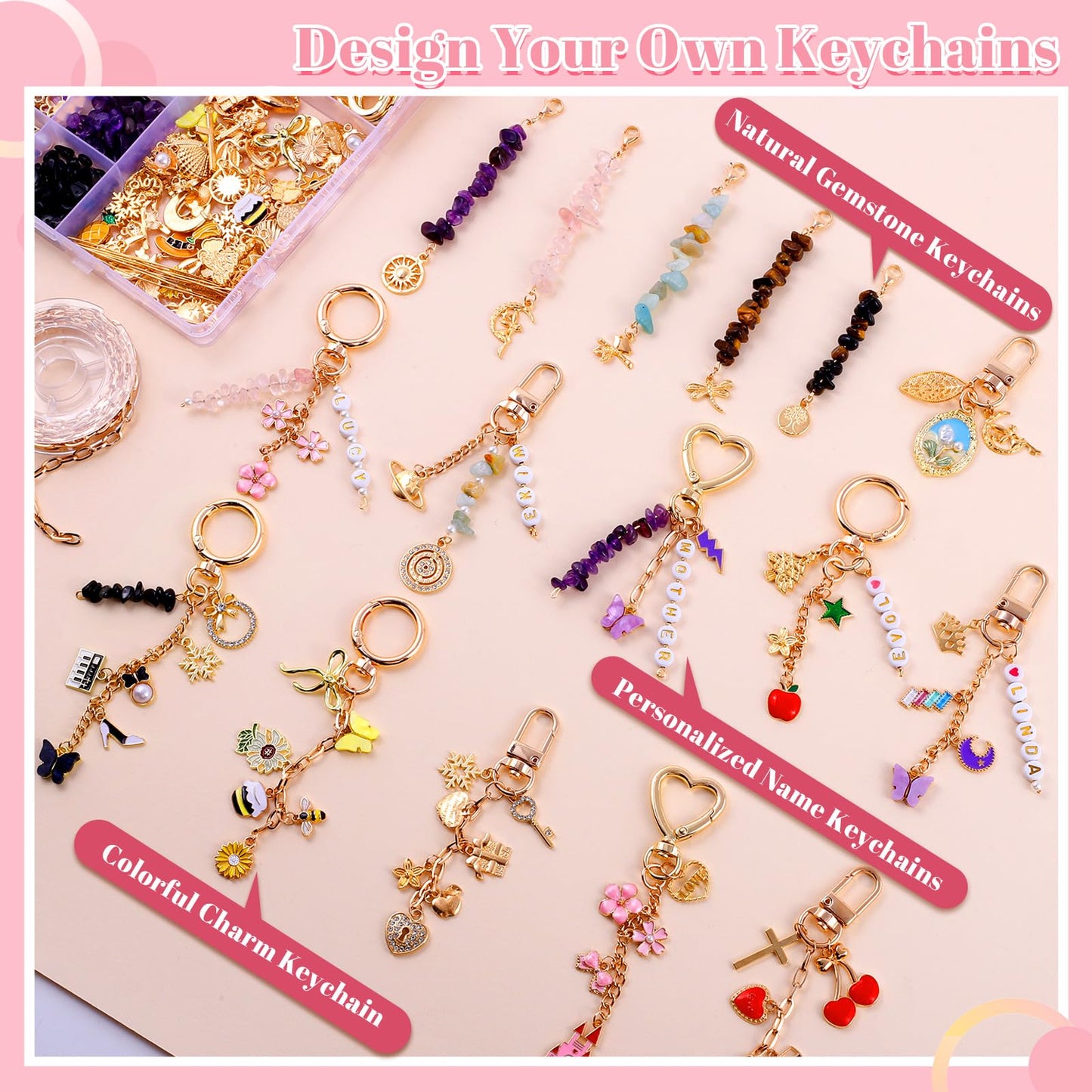 TOHONGADON 907 Pcs Lip Gloss Charms, Keychain Making Kit, Bag Charm Kit with 5 Kinds of Crystal Stones, 343 Charms, 24 Keychain Clips, Key Ring Jewelry Plier, Extender Chain for DIY Crafting