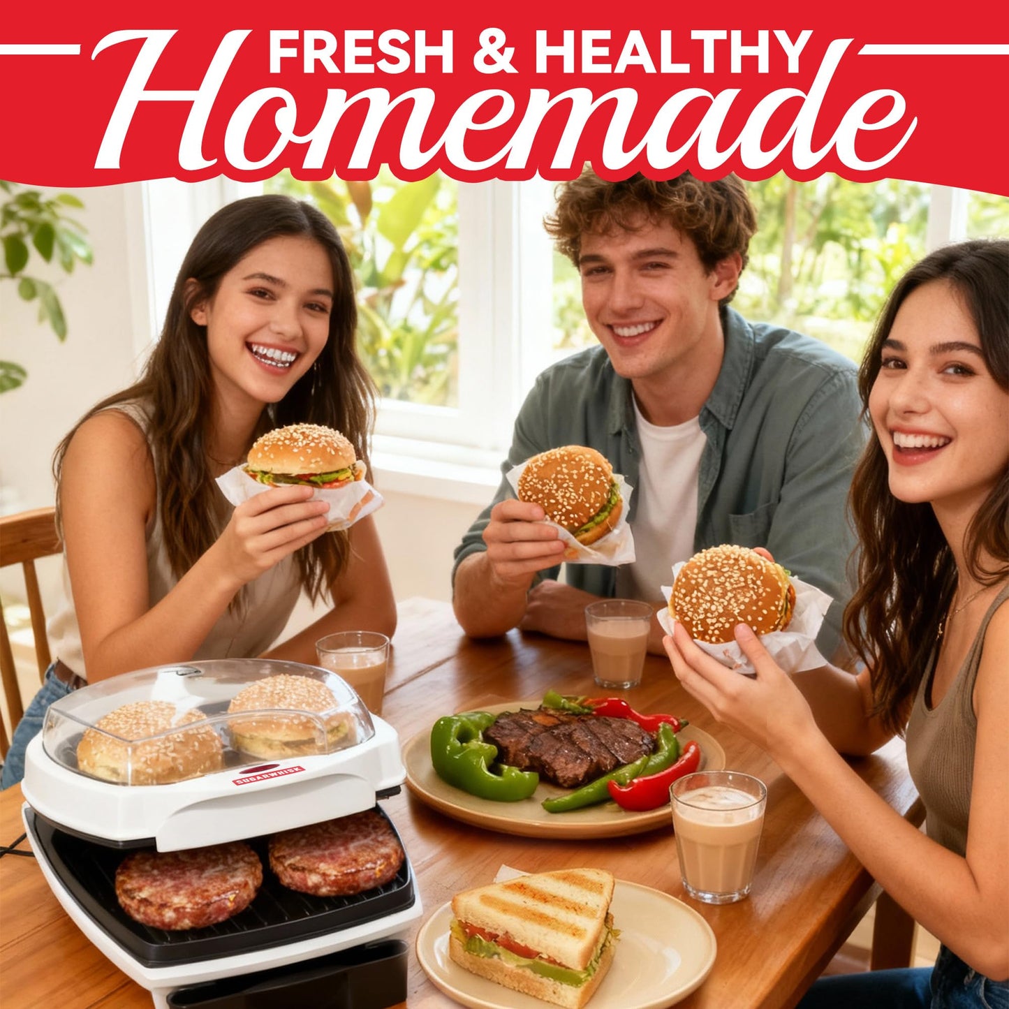 SugarWhisk 2 In 1 Hamburger Grill Maker, Electric Indoor Grill and Panini Press with Non-stick Grill Plates, 1200W, Easy to Clean and Store, White