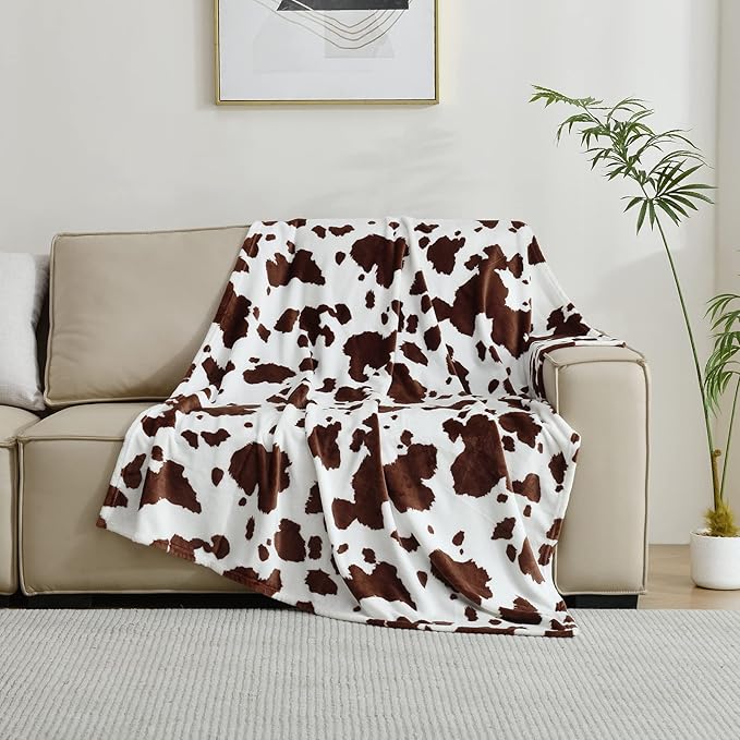 SOCHOW Cow Print Fleece Throw Blanket for Sofa Couch, Soft Lightweight Cozy Warm Home Decor Flannel Blanket, Cute Animal Blanket for Kids Boys Girls, Brown 60 x 80 Inches