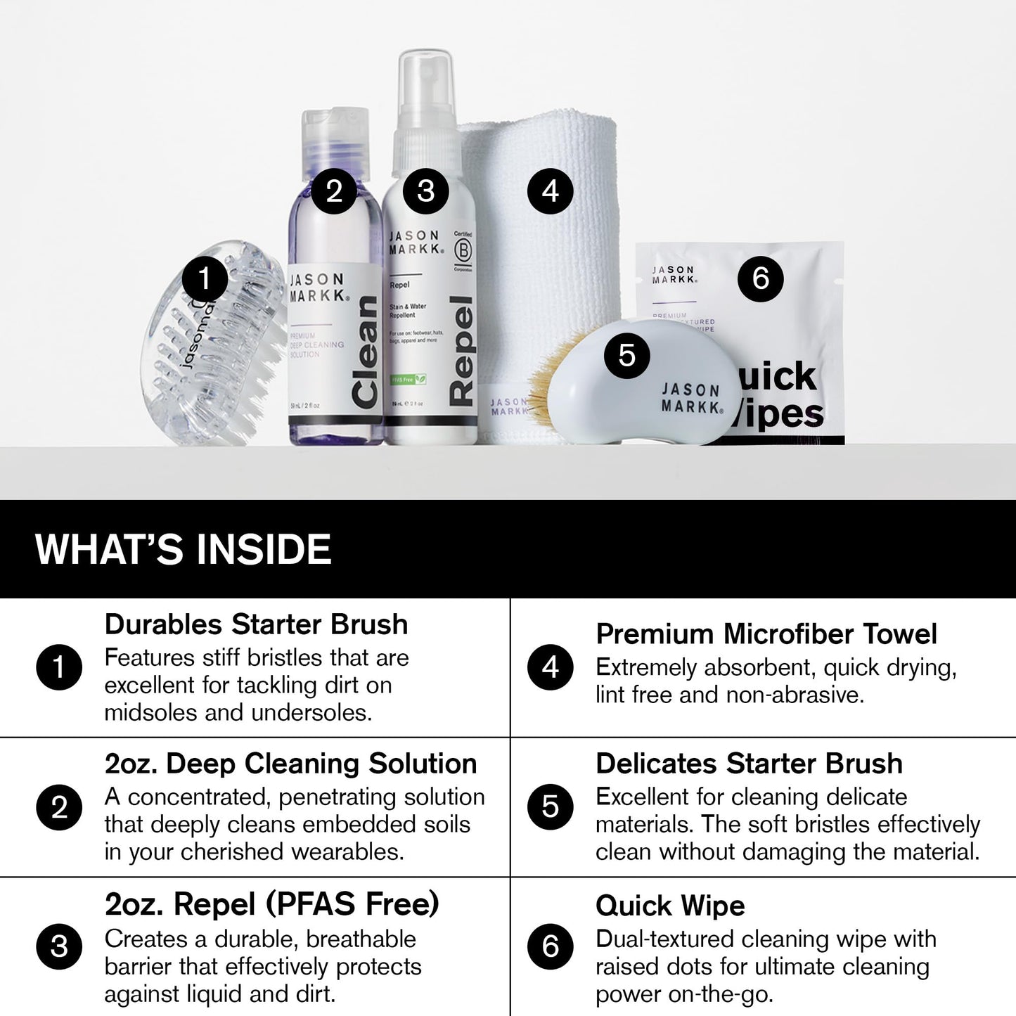 Jason Markk Starter Box, Shoe Cleaning Kit, 6-Piece Set, Deep Cleaning Solutions, Two Brushes, & Microfiber Towel, Sneaker Care, Ideal for Footwear, Safe on Leather, Suede, Nubuck, Cotton, Knits, 2oz