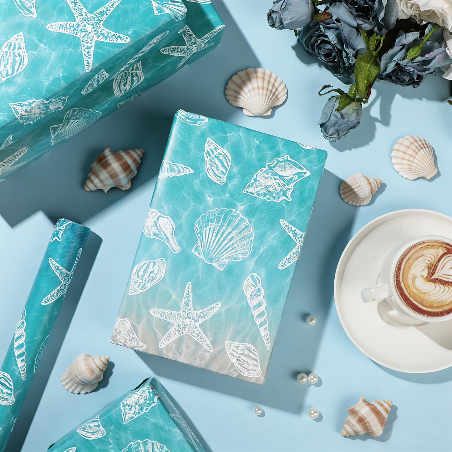 Beach Seashell Wrapping Paper Roll - 17Inch x 16.5Ft - Ocean Themed Gift Wrap Paper, Sea Shell Printed Gift Packing Supplies for Coastal Wedding Summer Beach Birthday Party Crafts Decorations