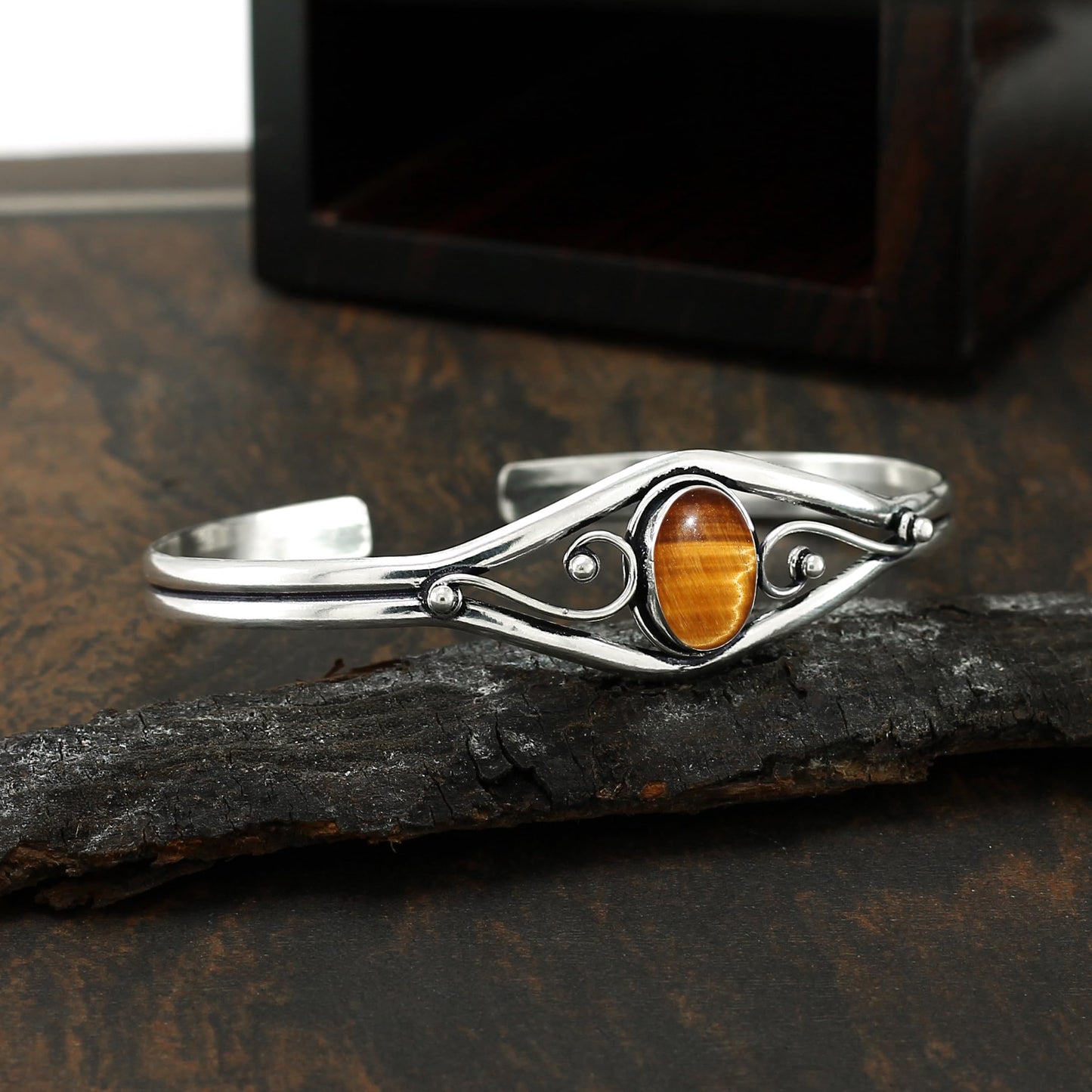 925 Silver Plated Natural Tiger Eye Cuff Bangle Bracelet for Women – Handmade Open Bangle – Brown Gemstone June Birthstone Statement Jewelry – Gift for Her