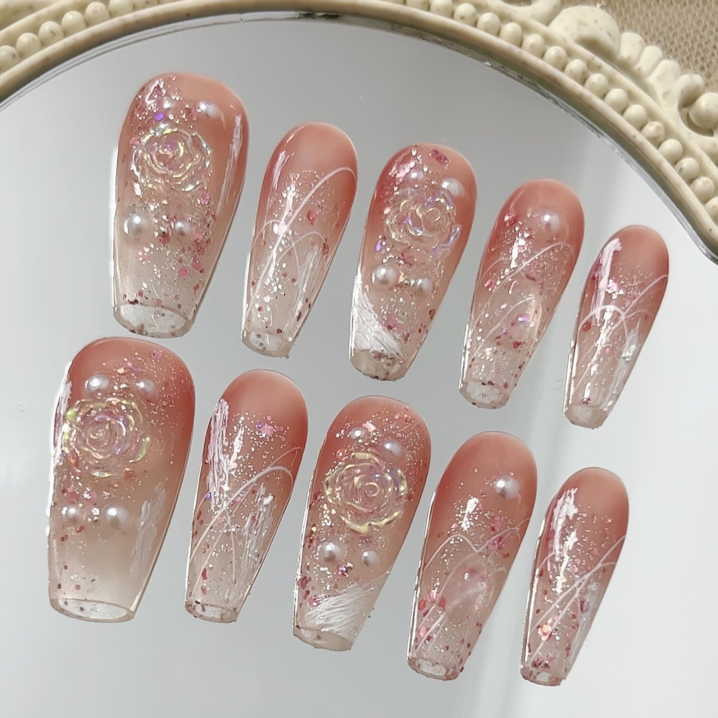 NLSJMP, 10 Nails, Size M, Handmade Long Balerina Press on Nails,Ombre Acrylic Fake Nails Kit,3D Glitter Pearl Design Nail Art Kit,Reusable False nails, Include Toolkit, Camellia
