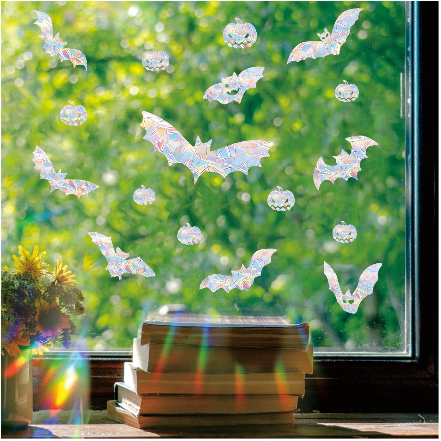 54PCS Halloween Bat Window Stickers Prevent Birds from Hitting Windows, Rainbow Sun Catcher Stickers No Glue Required, Non-Adhesive Reusable Vinyl Rainbow Stickers