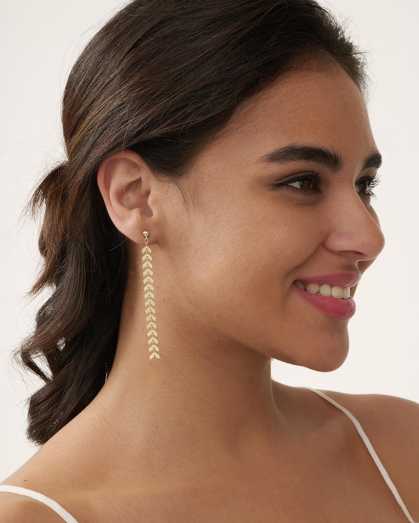 PRTGL Dangle Earrings - 14K Gold Plated Fishbone Wheat Design Long Dangle Earrings for Women