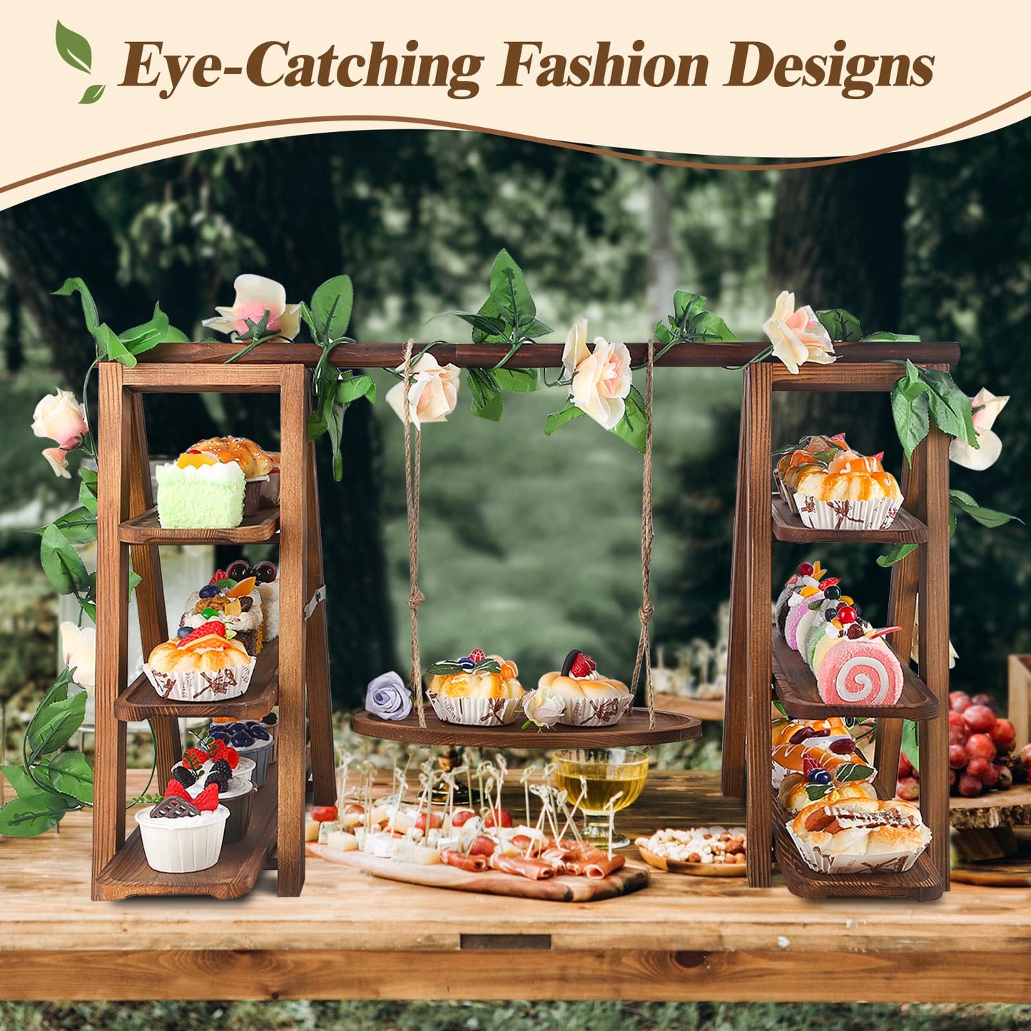 Wisreach Wooden 3 Tier Cupcake Stand with Swing and Flower Decoration Serving Removable Tray Display Serving Ladder Foldable Stand with Serving Platter Tray Party Food Display Set for Cake Snack Fruit Chips Bread Centerpieces Catering