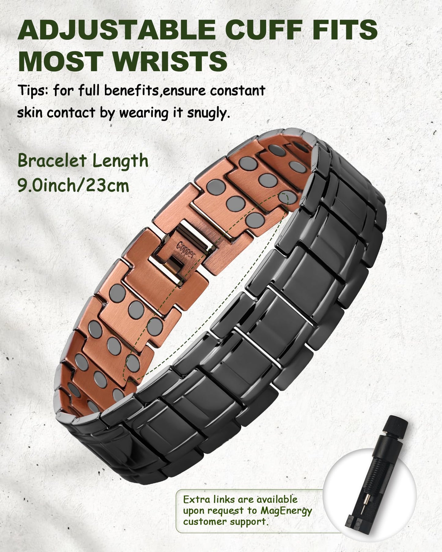 MagEnergy Copper Bracelet for Men, 3X Strength Magnetic Bracelet, 99.99% Pure Copper Jewelry Gift with Sizing Tool
