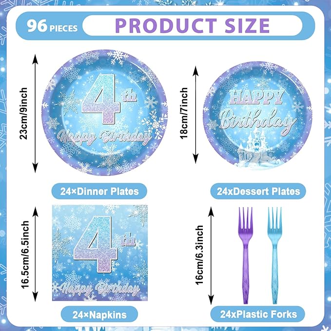 Snowflake Winter Wonderland 4th Birthday Paper Plates Napkins Forks Disposable Dinnerware Happy 4th Birthday Blue and Purple Winter Snowflake Tableware for Kids Christmas onderland Party Decorations