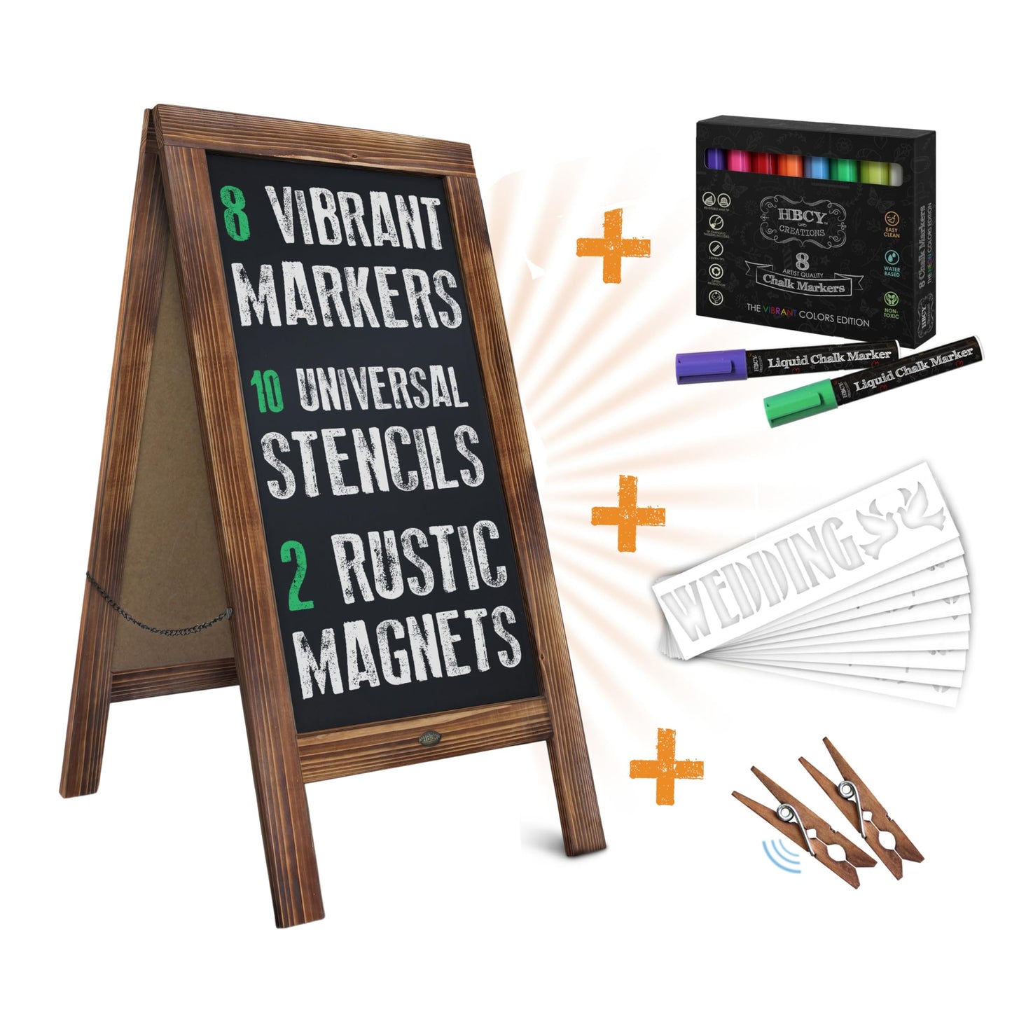 A Frame Chalkboard with Chalk Markers by HBCY Creations: 40x20 Solid Wood A-Frame Sign Gray Double-Sided Magentic Menu Board, Deluxe Set Includes 8 Chalk Markers, 10 Stencils, 2 Magnets