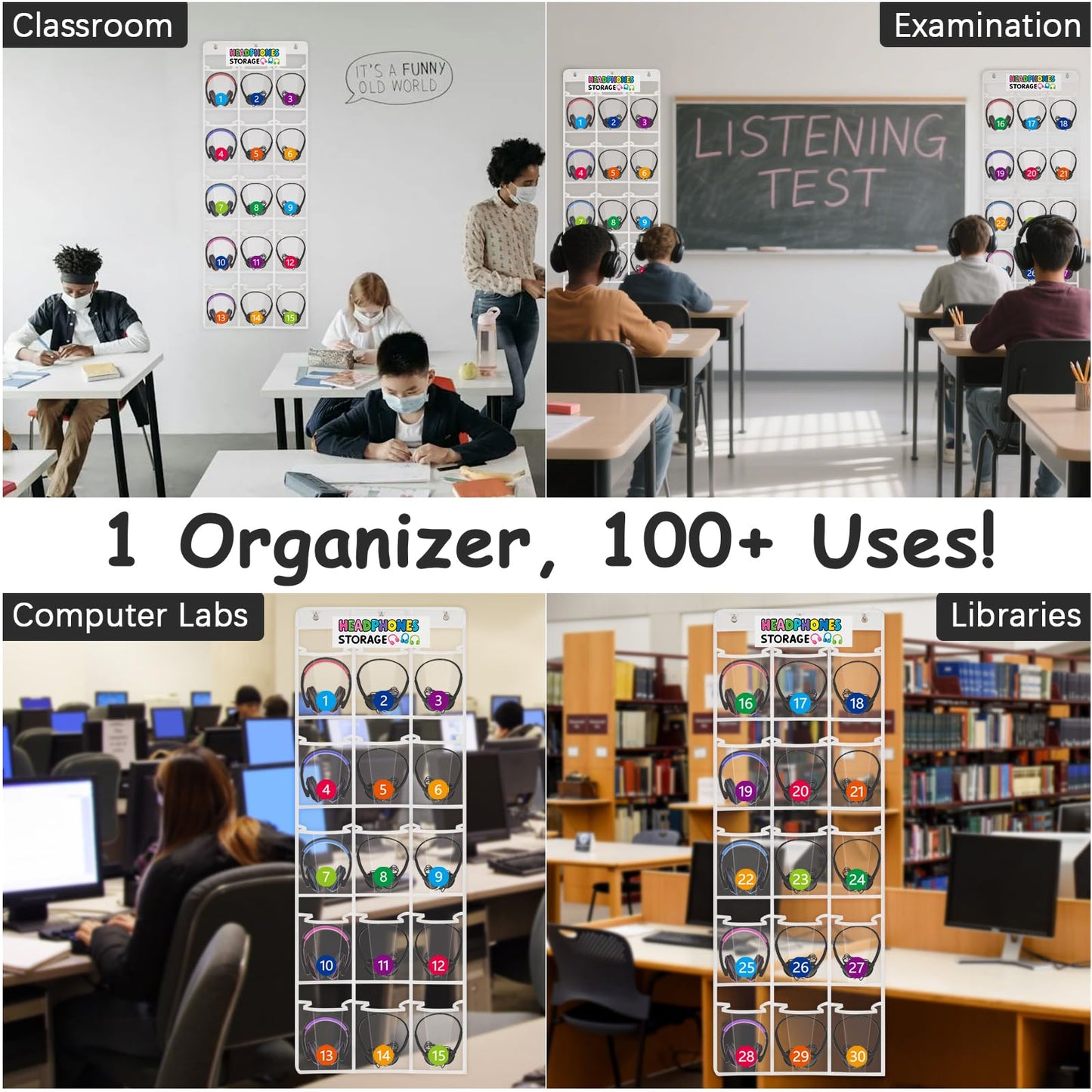 Olpchee 2 Pack Classroom Headphone Storage Organizer with 30 Pockets, PVC Clear Classroom Pocket Chart for Headphone Cell Phone Over-the-Door Hanging Headphone Holder Bag with 62 Labels(White)