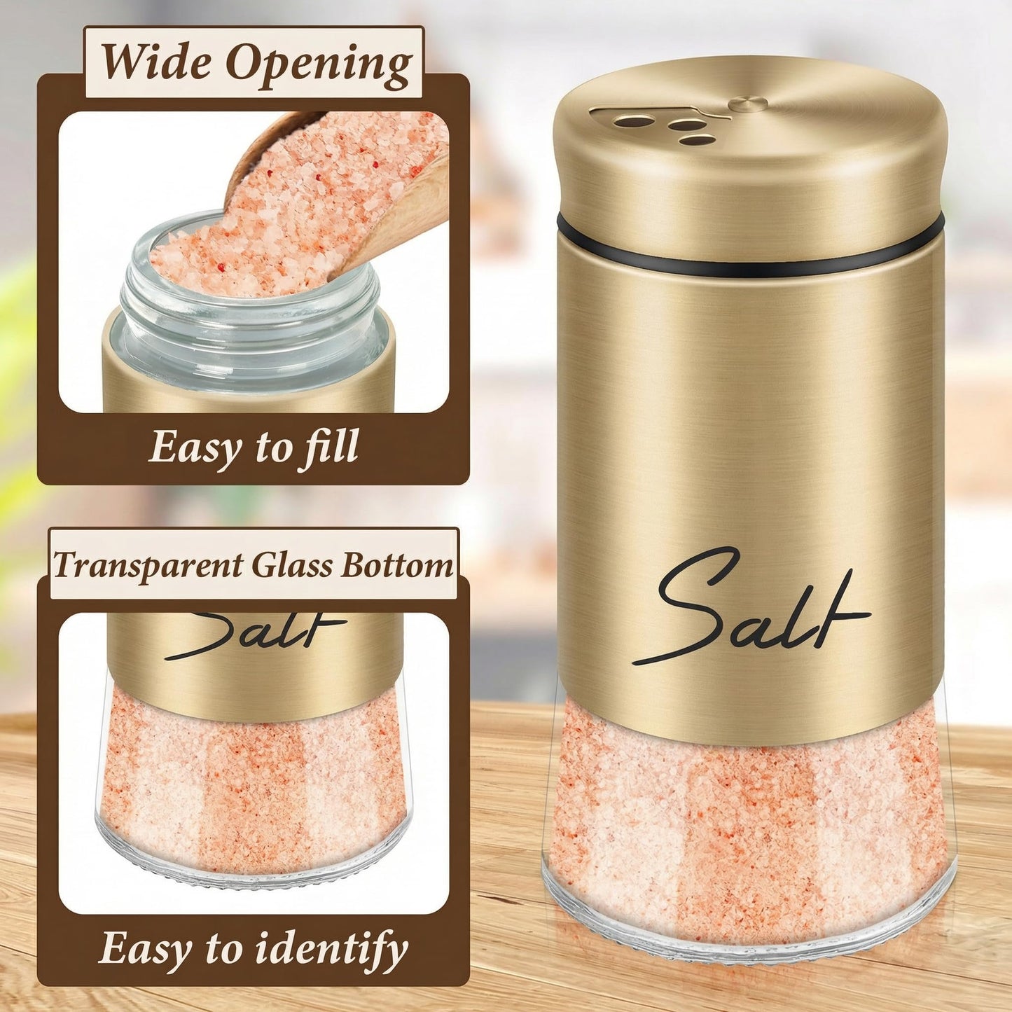 Gold Salt and Pepper Shakers Set, 5 oz Modern Farmhouse Kitchen Decor and Accessories for Restaurant, Wedding, Housewarming Gifts Refillable Design (Gold)