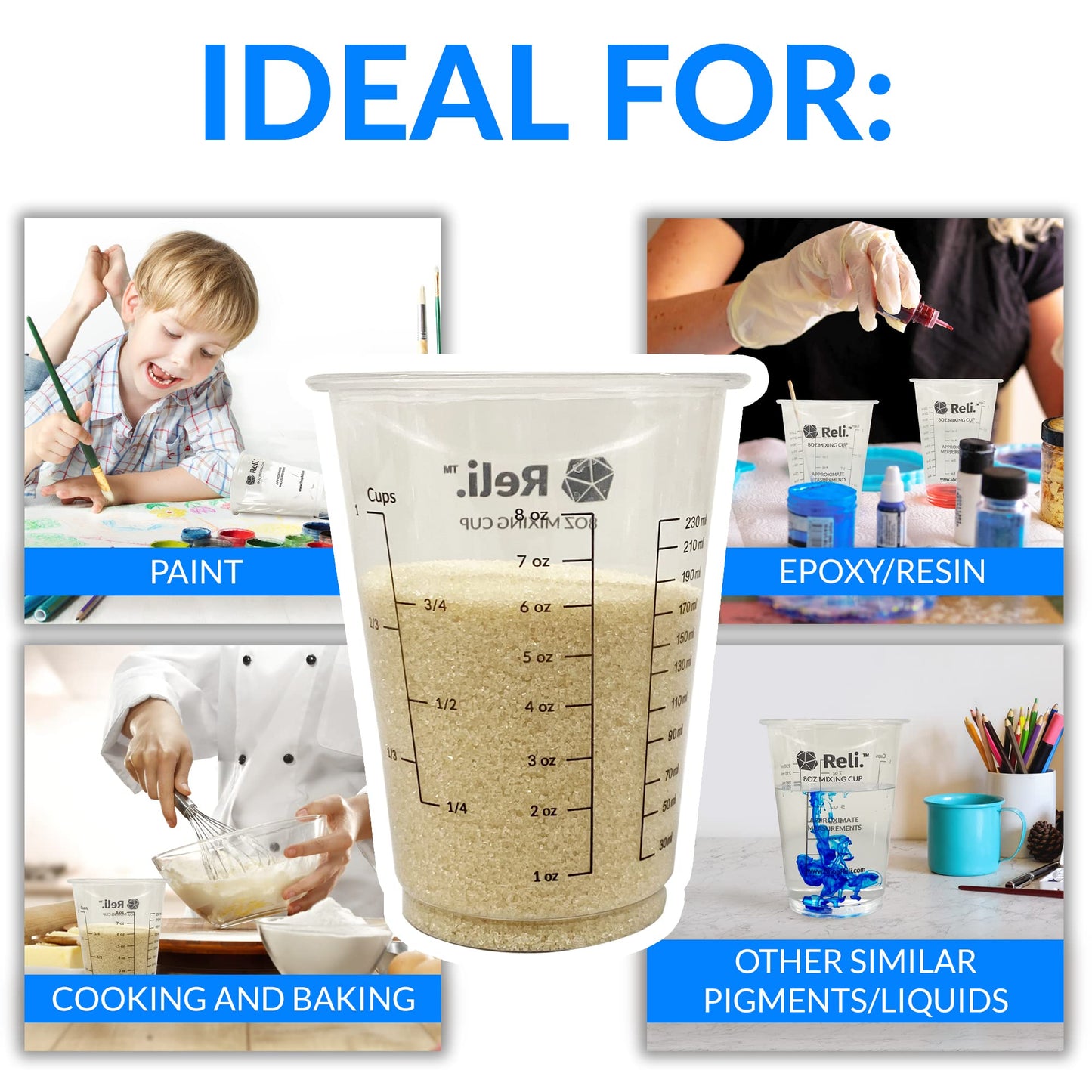 Reli. (120 Pcs) 8 oz Paint Mixing Cup/Resin Mixing | Disposable Measuring Cups | Clear Plastic Measure | Use for Paint, Epoxy Resin, Pigments
