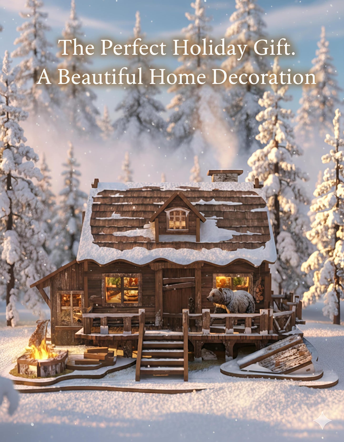 LED 3D Wooden Puzzle Winter Cabin DIY Miniature Building Kit with LED Lights - 3D Craft Rural Wooden Cabin Models Decor Gift for Adult