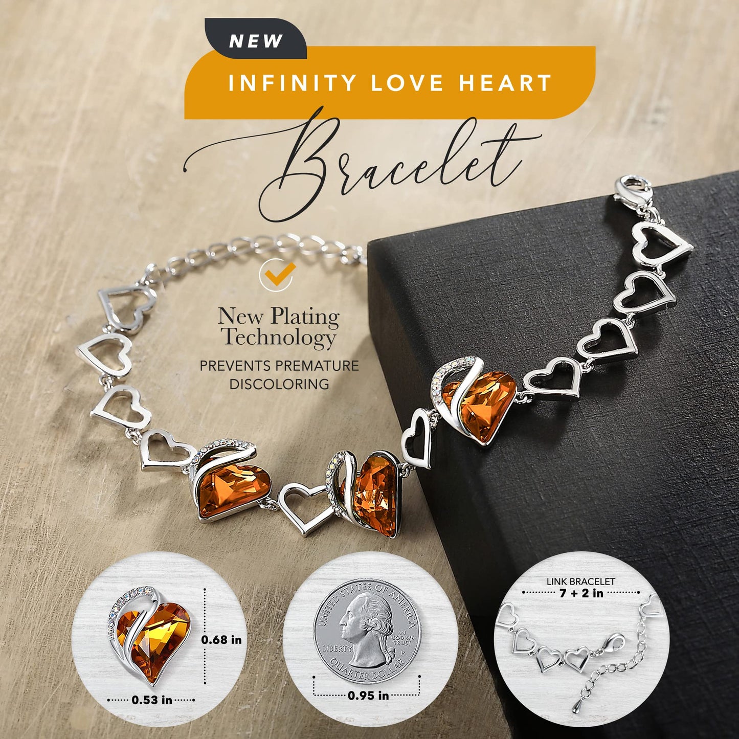 Leafael Infinity Love Heart Gift Bracelet for Women, November Birthstone Crystal, Amber Brown, Silver Tone, 7-inch Chain and 2-inch Extender
