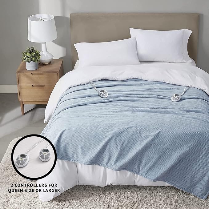 Serta Travis Fleece Ultra Soft Tri-Rib Textured Electric Blanket, Cozy and Snuggly Cover Fast Heating for Cold Weather, Auto Shut Off, Multi Heat Setting Controller, King, Dusty Blue