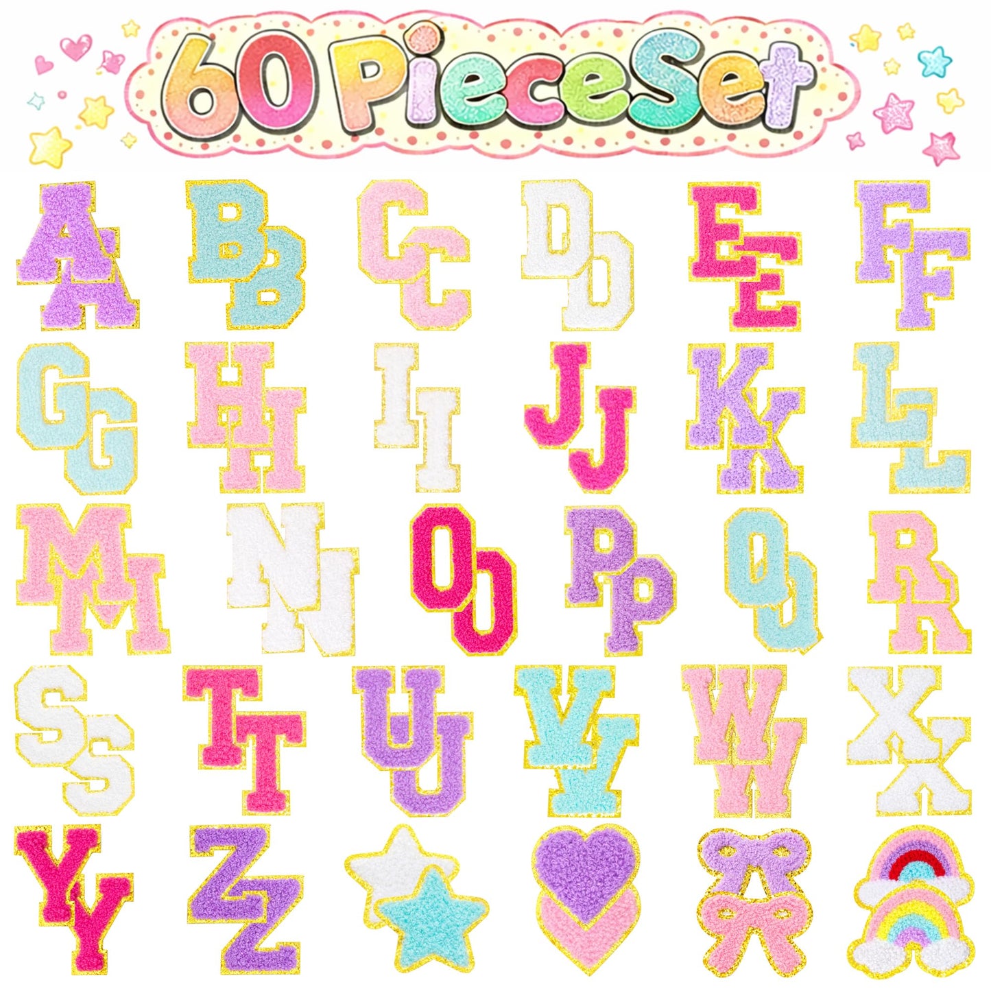 Coynurex 60PCS Chenille Letter Patches Self Adhesive – Preppy Alphabet Iron On Patches with Rainbow Star Bow Heart, Sew On Fabric Patches for Clothing, Backpacks & DIY Crafts