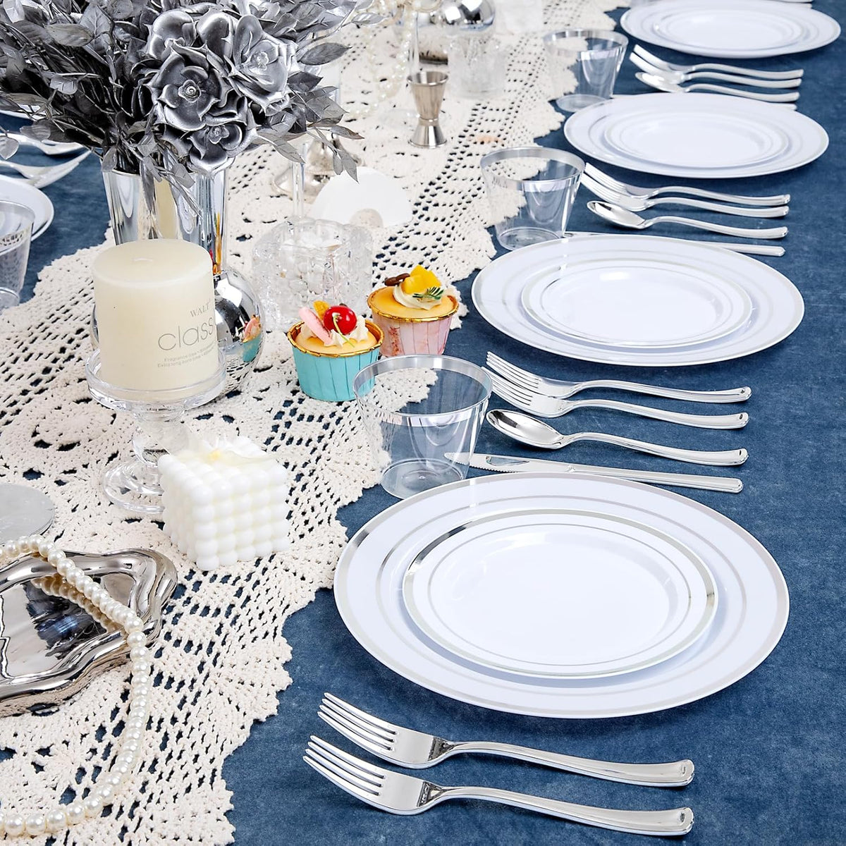 WELLIFE 300 PCS Silver Dinnerware Set for 50 Guests, Silver Plastic Disposable Plates for Party, 50 Dinner Plates, 50 Salad Plates, 50 Cups Forks Knives Spoons for Wedding and Party Anniversary