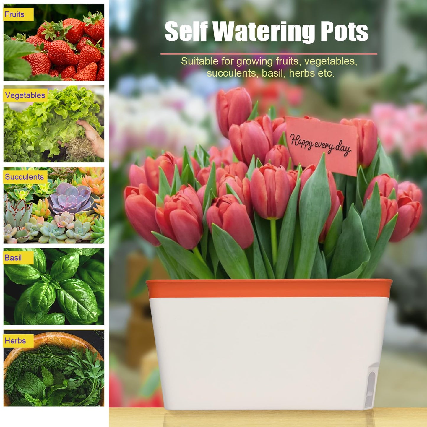 OurWarm 3 Pack Self Watering Herb Planter Set for Windowsill, 10.5In Indoor Herb Garden Planters with Water Level Indicator, Dual Layer Easy Care Pot for Basil, Flowers, Vegetables & Succulent