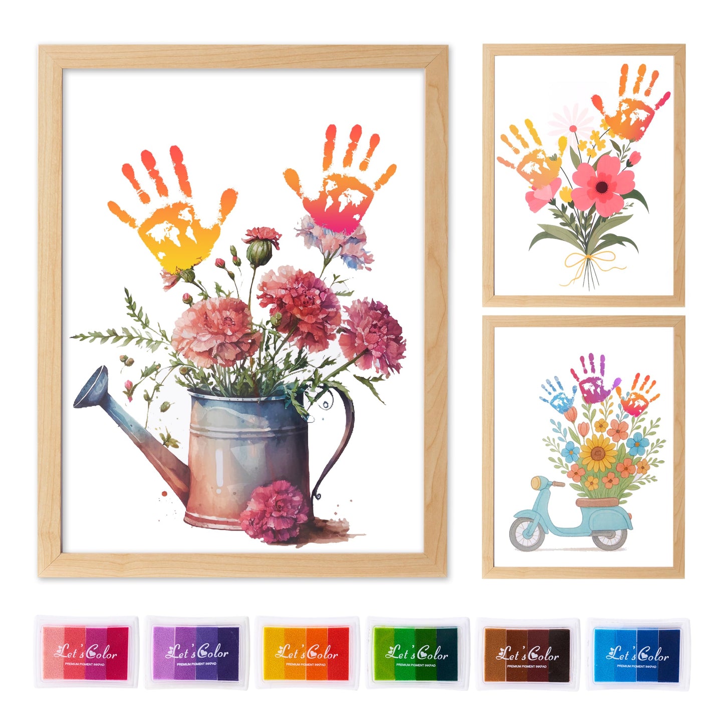 CHERRY CHEERS Flower Bouquet Handprint Art Kit, 3 Special Unique Sheets with Floral Design, DIY Keepsake Craft Gift, Meaningful Christmas or Thanksgiving Gift, 6 Colors Non-toxic Inkpads