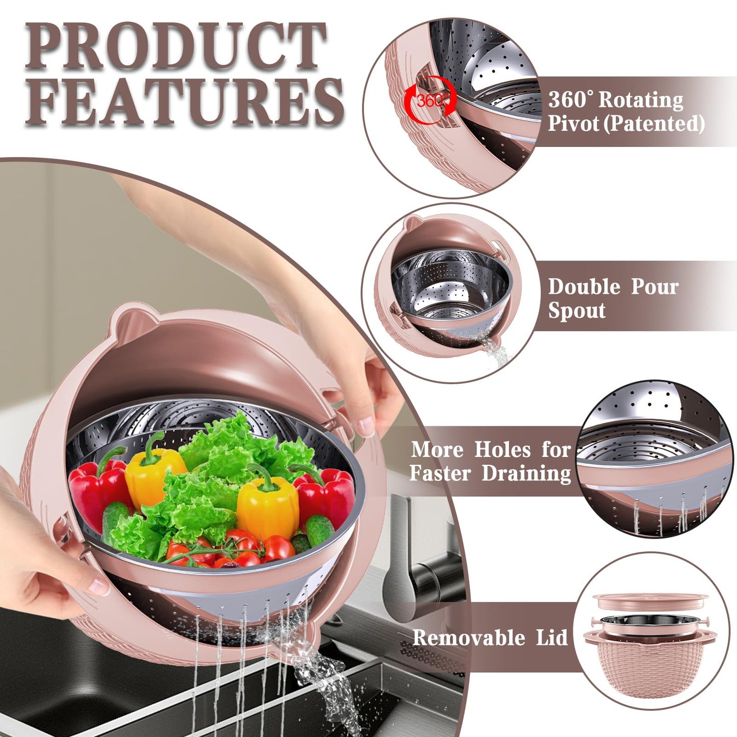 4-1 Strainer Bowl with Lid Set - Strainers and Colanders, Colander for Kitchen, Pasta Strainer, Fruit Cleaner, Veggie Wash, Funny Kitchen Present, Fruit Washing Bowl, Cooking Present for Women - Pink