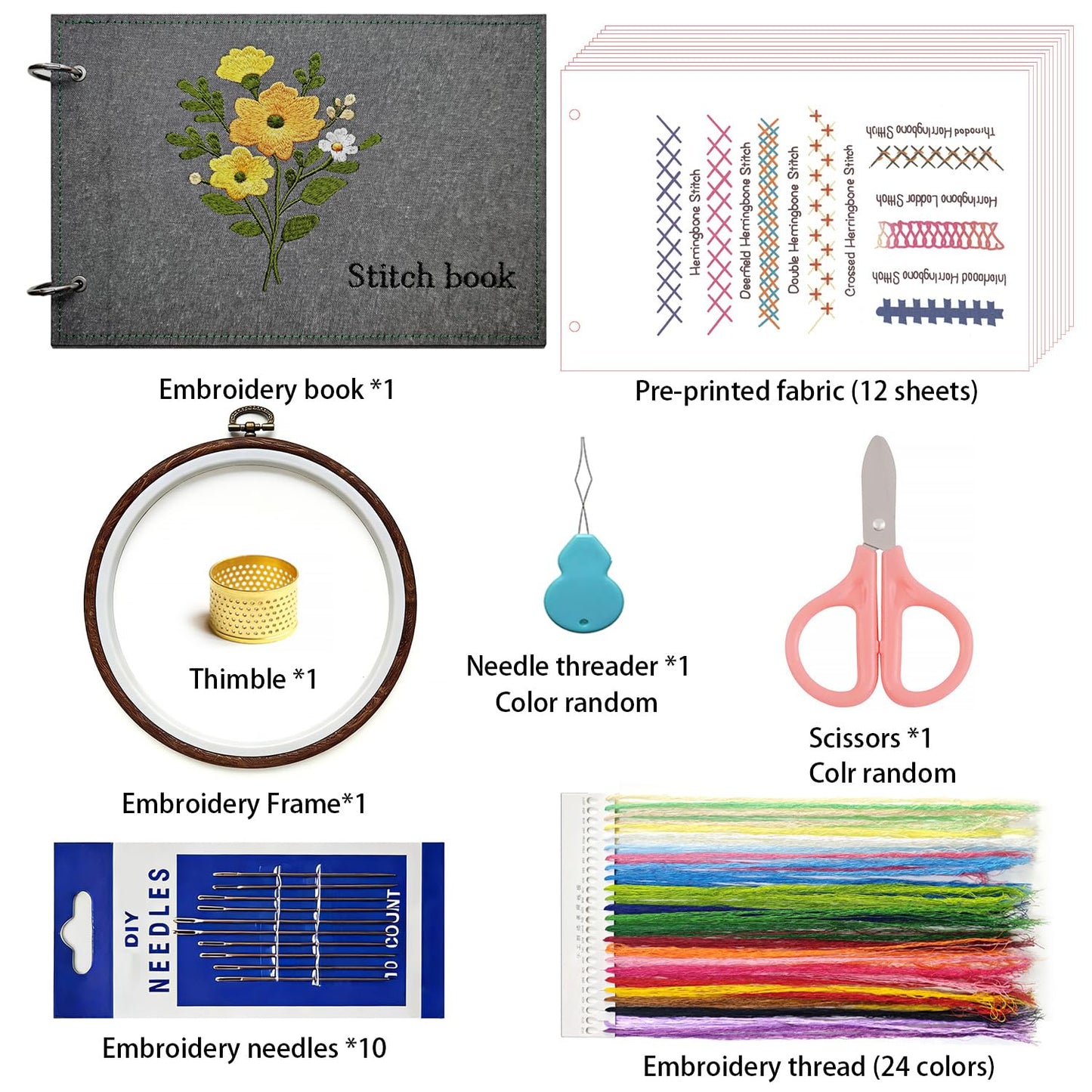 NFEHGXAE Beginner Embroidery Stitch Book Kit with Fabric Pages, 106 Stitches in Structured Learning Order for Adults, Complete DIY Sewing Kit with Patterns, Guide & Tools, Gift for Women