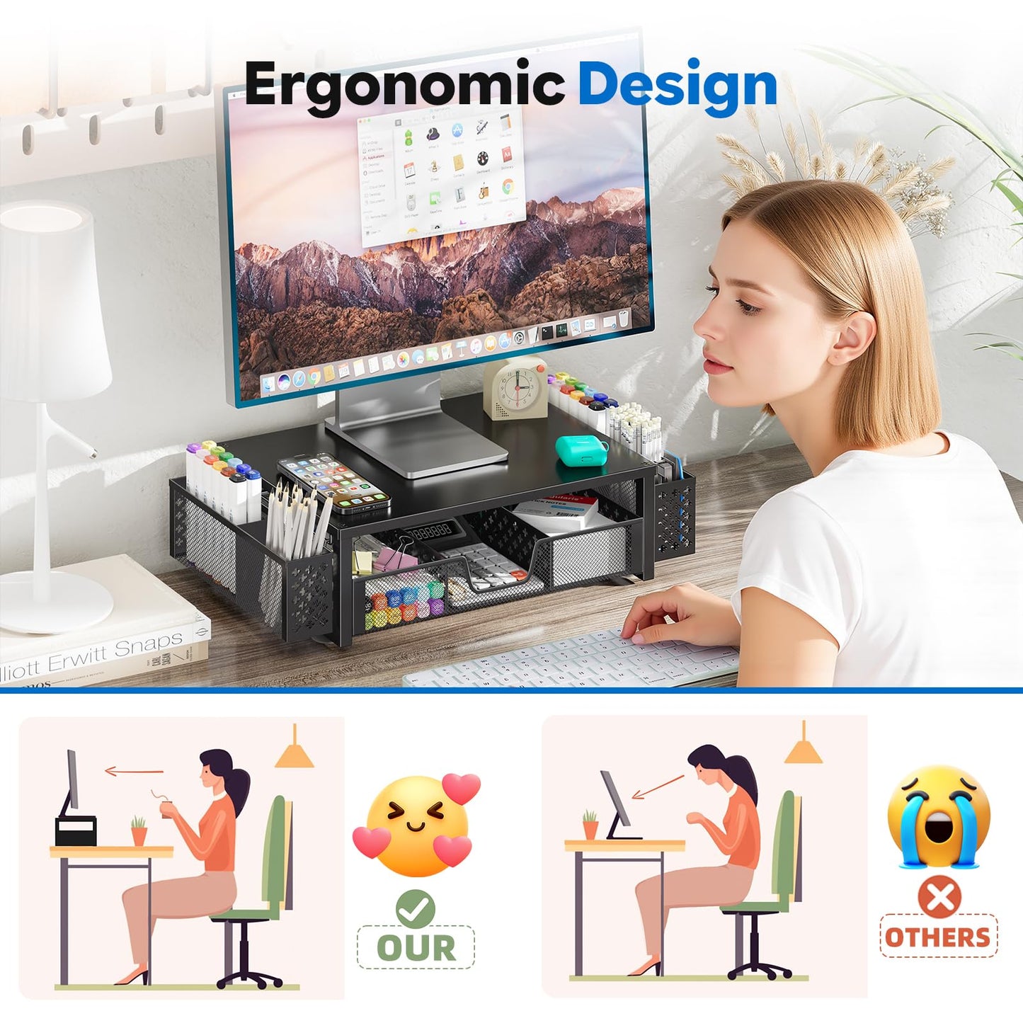 Simple Trending Desk Organizer and Accessories, Computer Metal Monitor Stand Riser with Drawer and Pen Holder for Laptop, Computer, iMac, Black