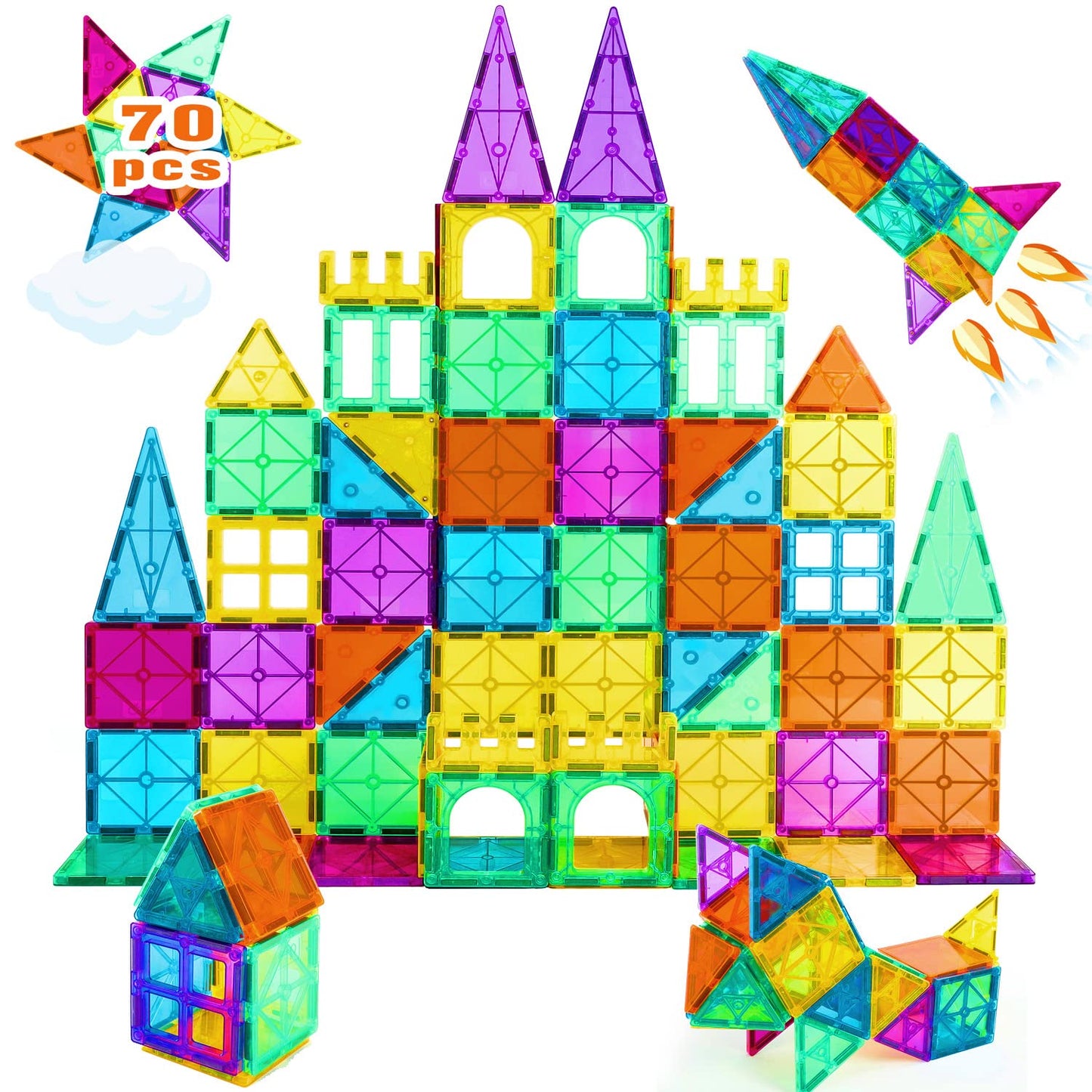 NEOFORMERS STEM Magnetic Tiles 70PCS Educational Toys for Kids Ages 3-8, Montessori Sensory Magnet Blocks for Toddlers, Classroom & Home Construction Kit