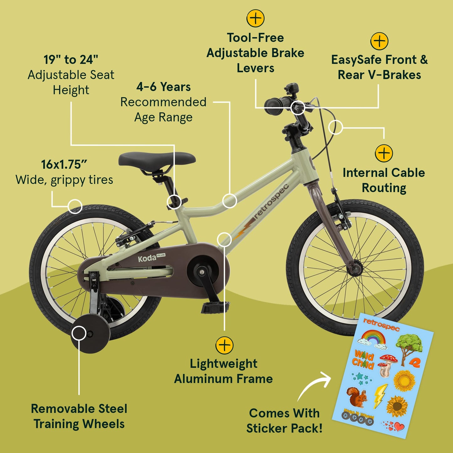Retrospec Koda Plus 16in Kids Bike with Training Wheels - Adjustable Seat & Handlebars for Ages 4-6 - Lightweight 18.5lb Girls & Boys Bicycle with v-Brakes