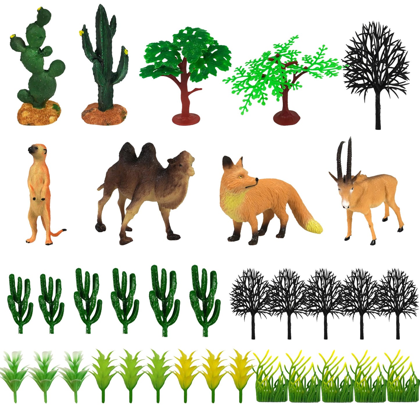 MOMOONNON 34pcs Desert Animal Figures Mixed Diorama Model Plants Artificial Animals with Camel Fox Meerkatz Gazelle for Crafts Building Model Desert Scenery Landscape Supplies