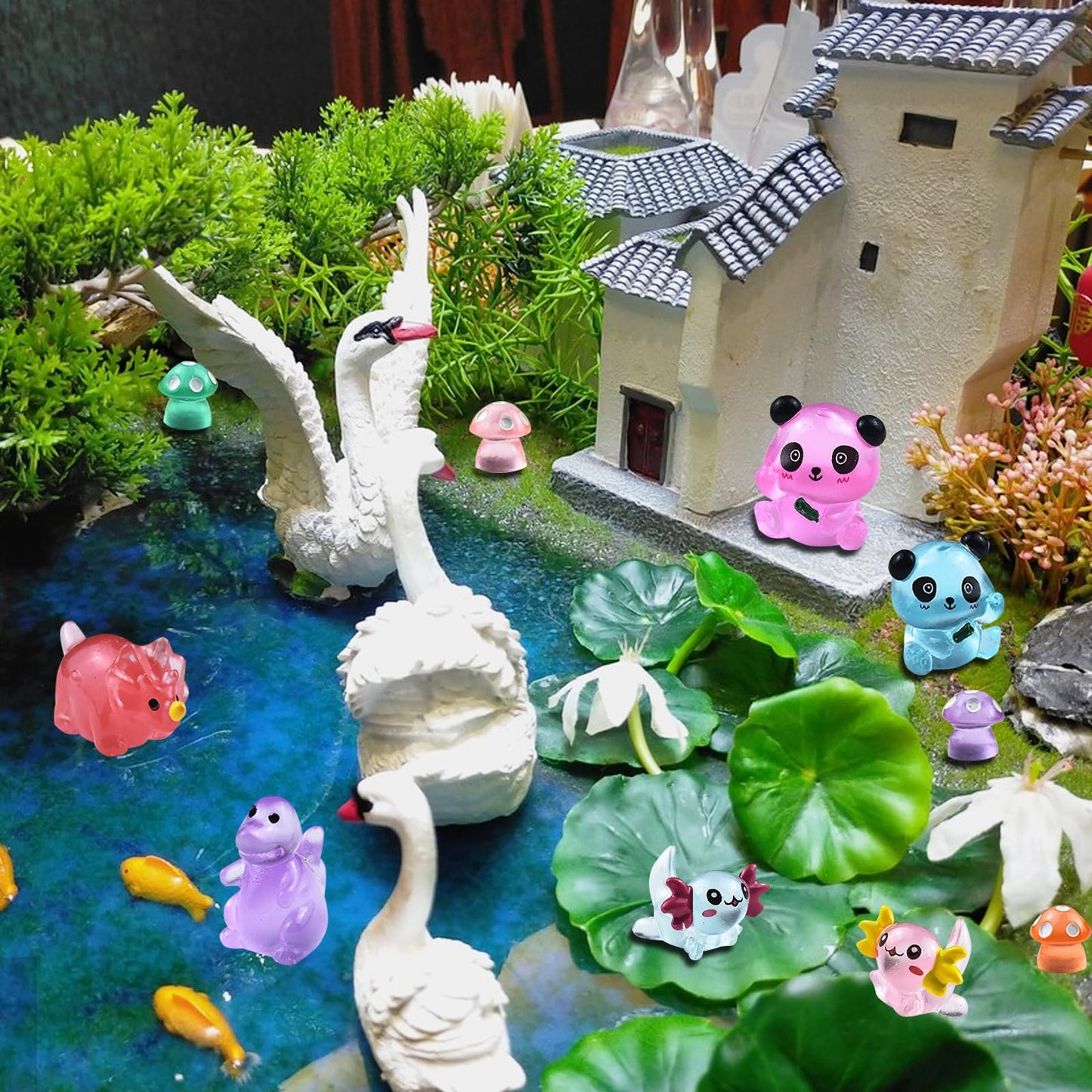 HOMICO 69 PCS Luminous Mini Resin Animals Kit Include Miniature Axolotl Panda Dinosaur Figurines and Tiny Mushroom Tiny Resin Animals for Garden Micro Landscape Aquarium Dollhouse Decor