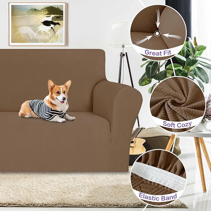 ZNSAYOTX Chair Cover with Arms (30"-47"), New Striped Sofa Chair Covers for Living Room, Dogs Pet Friendly Anti-Slip Chair Protector Spandex Armchair Slipcovers (Light Coffee, Chair)