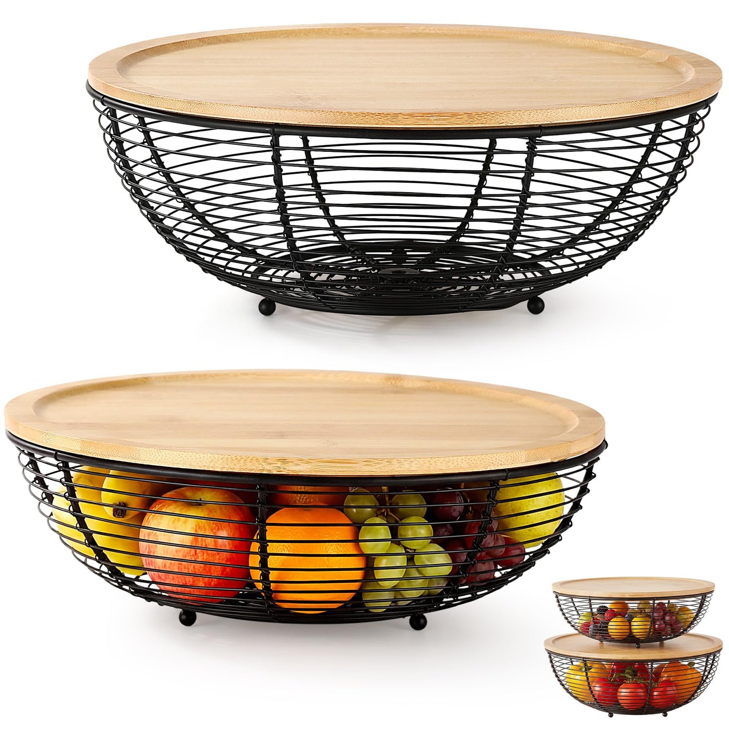 Ferrochef 2 Set Stackable Fruit Basket with Bamboo Lid 11.5 &10.5 Inch Black Metal Wire Large Fruit Bowl for Kitchen Counter Pantry Organizer and Storage for Veggie, Snacks