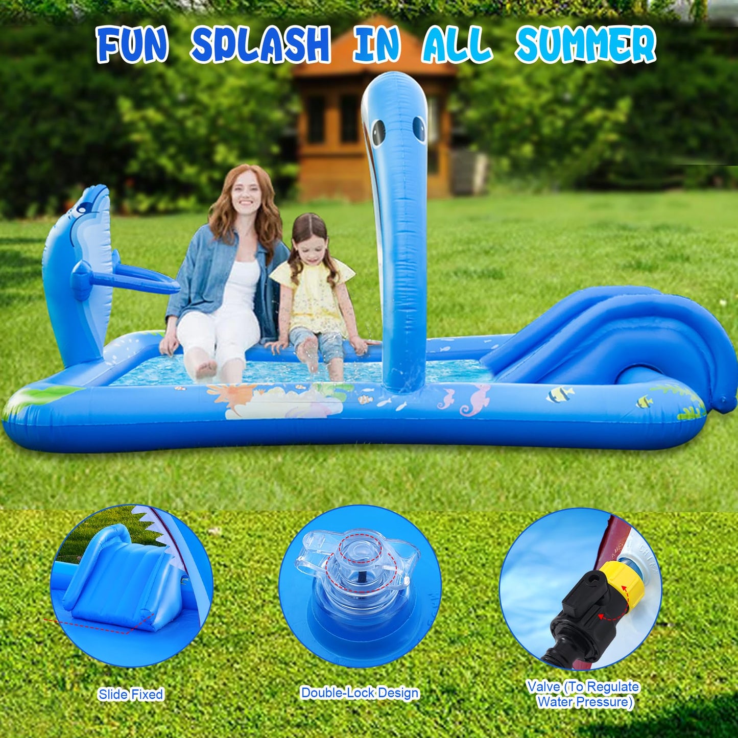 Onory Inflatable Kiddie Pool Inflatable Play Center Kids Toddler Pool with Water Slide, Water Sprayers Toddler Pool with Play Ball Hoop Thickened Swimming Pool for Backyard
