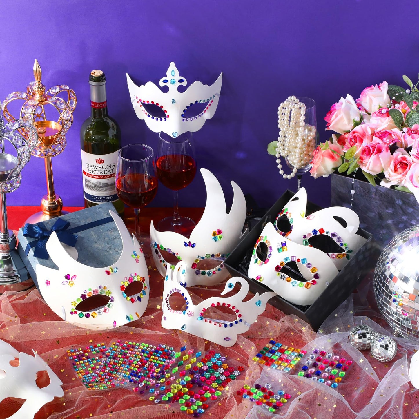 Leyndo 24 Pcs Paper Mache Art Mask White Craft Masquerade Masks and Gem Stickers DIY Blank Mardi Gras Halloween Cosplay Party (Mixed Styles)