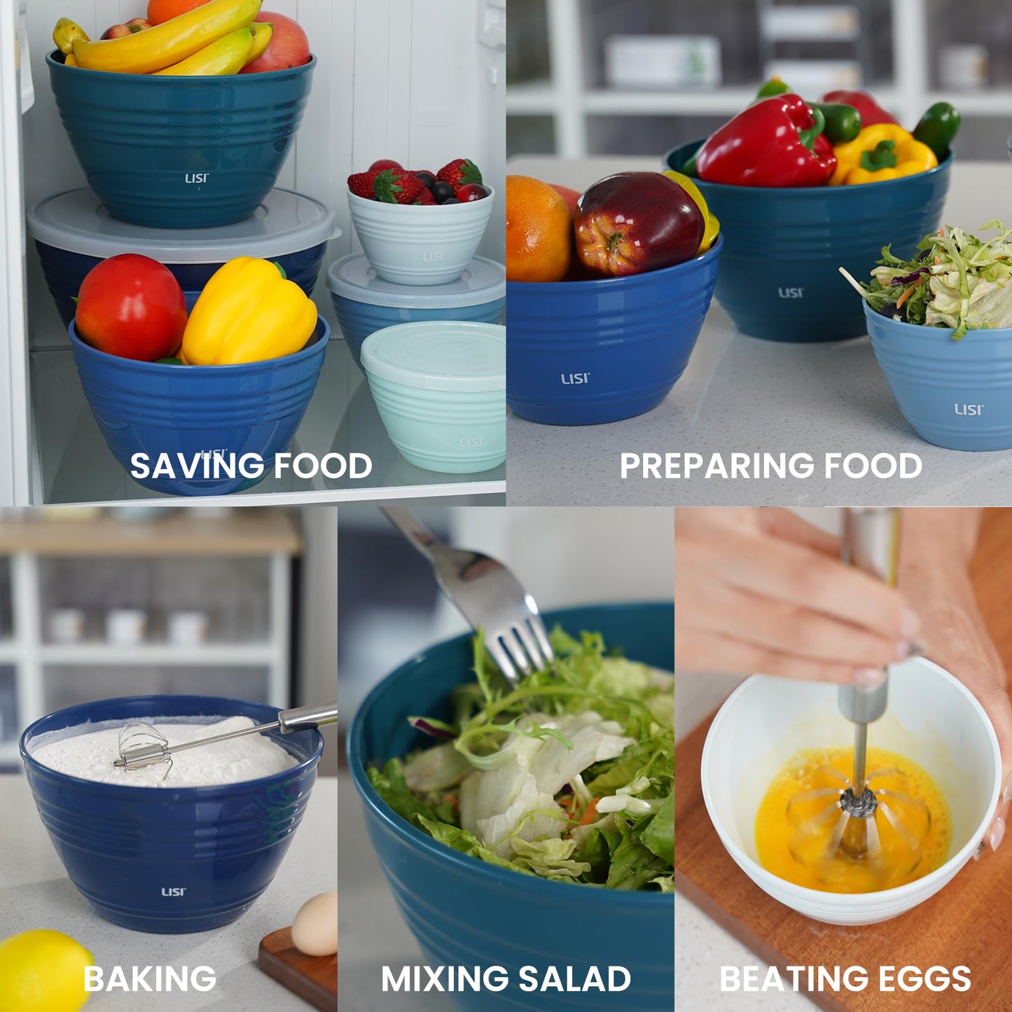 LISI 23Pcs Mixing Bowls Set with Lids, Airtight BPA-Free Nesting Bowls for Mixing, Baking, Cooking & Storage, Dishwasher Safe Serving Bowl, Includes Spatula, Spoons, Brush & Whisk